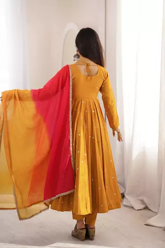 Mustard yellow designer sequins & mirror work roman silk anarkali set