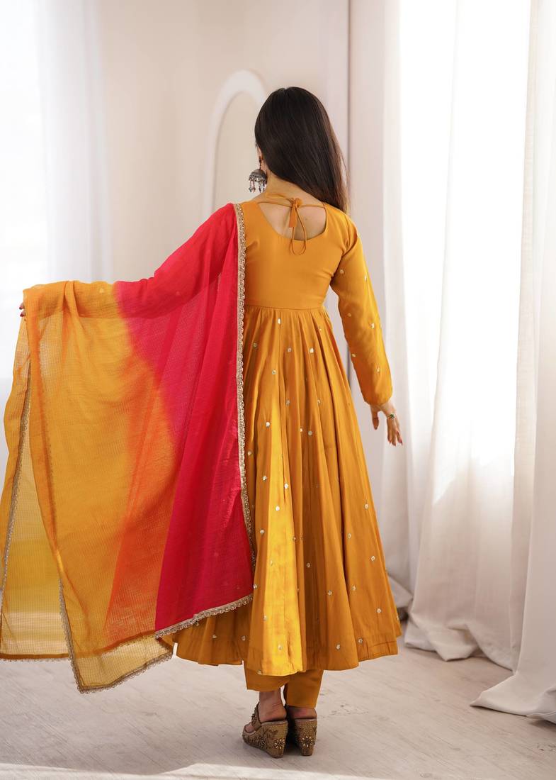 Mustard yellow designer sequins & mirror work roman silk anarkali set