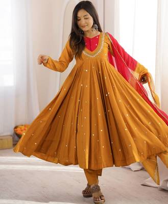 Mustard yellow designer sequins & mirror work roman silk anarkali set 3