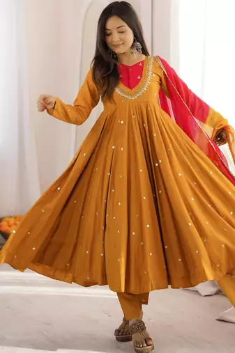 Mustard yellow designer sequins & mirror work roman silk anarkali set