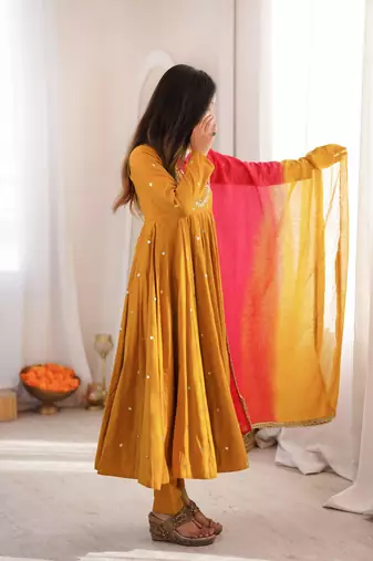Mustard yellow designer sequins & mirror work roman silk anarkali set