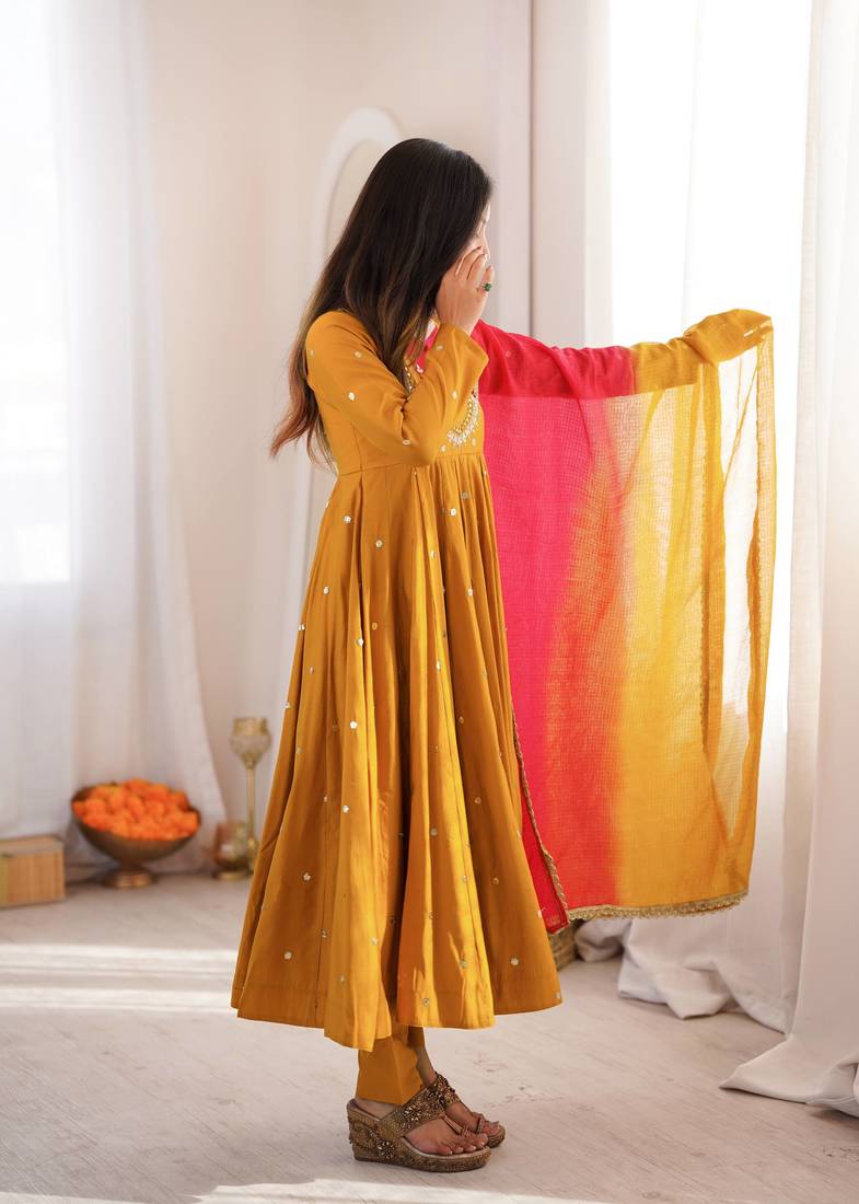 Mustard yellow designer sequins & mirror work roman silk anarkali set