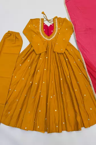 Mustard yellow designer sequins & mirror work roman silk anarkali set