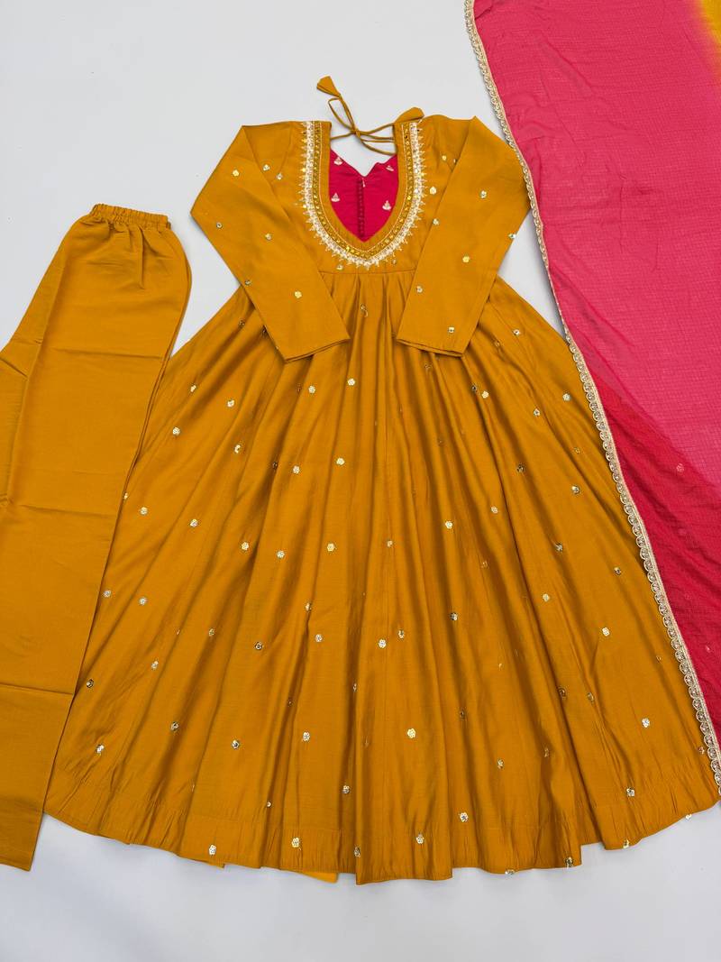 Mustard yellow designer sequins & mirror work roman silk anarkali set