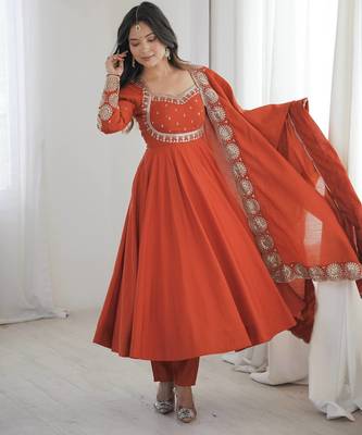 Orange sequins embroidered roman silk anarkali set 1