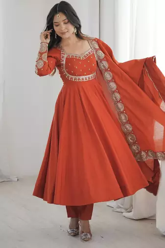 Orange sequins embroidered roman silk anarkali set