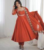Orange sequins embroidered roman silk anarkali set