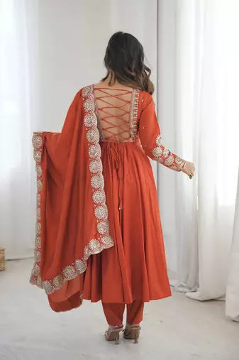 Orange sequins embroidered roman silk anarkali set
