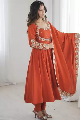 Orange sequins embroidered roman silk anarkali set