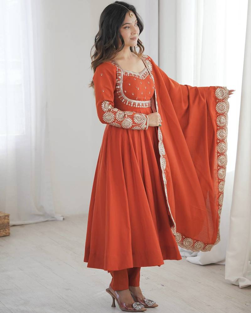 Orange sequins embroidered roman silk anarkali set