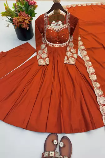 Orange sequins embroidered roman silk anarkali set