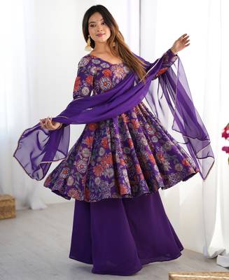 Purple floral printed chanderi kurta palazzo set 1
