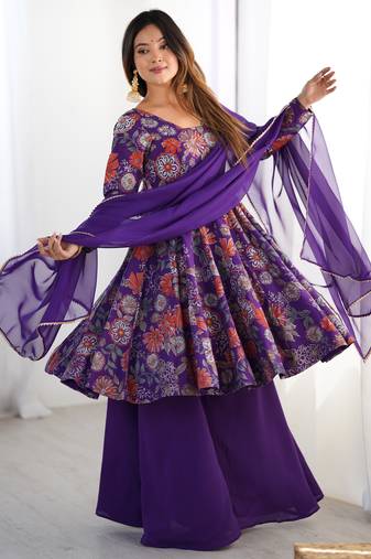 Purple floral printed chanderi kurta palazzo set