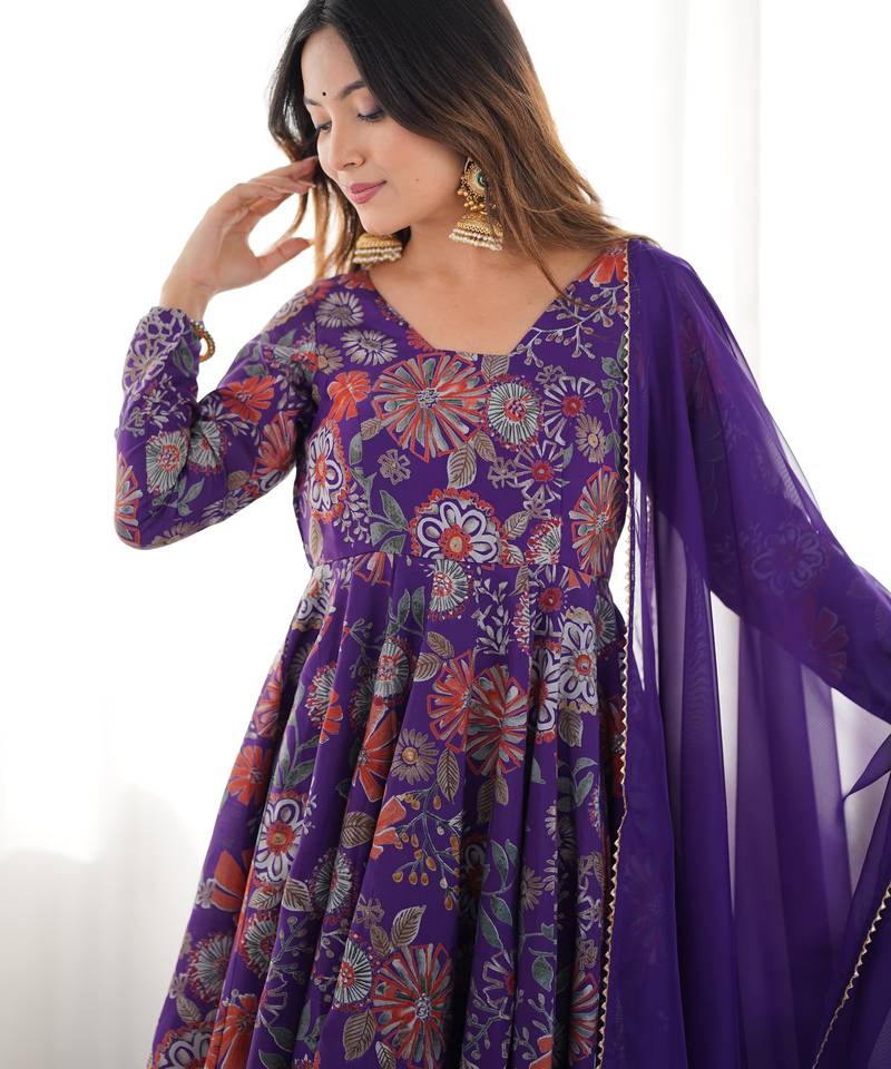 Purple floral printed chanderi kurta palazzo set