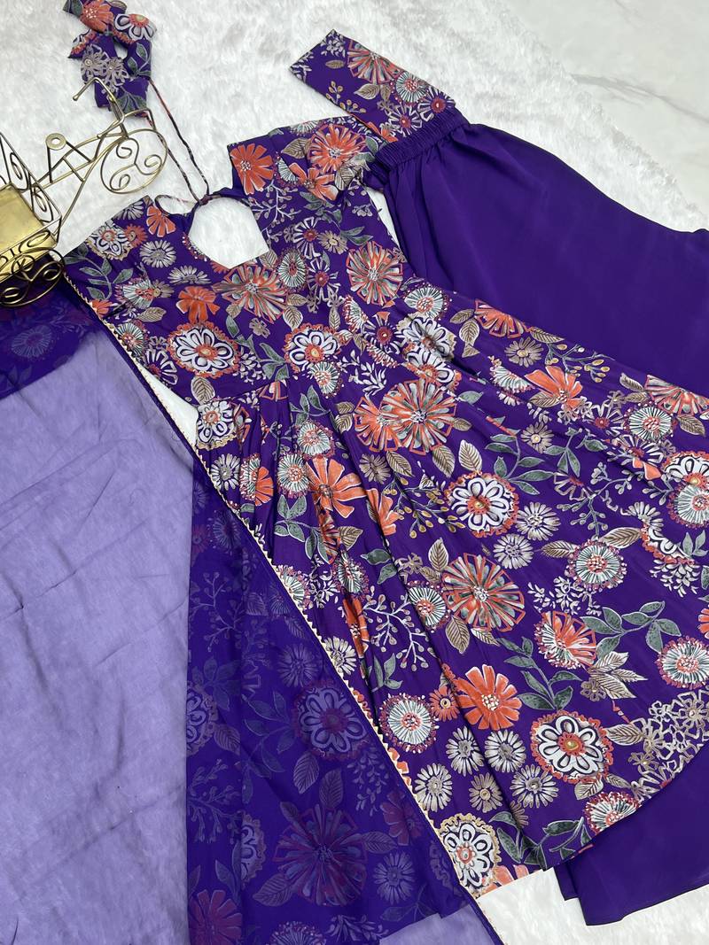 Purple floral printed chanderi kurta palazzo set