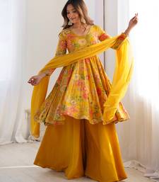 Yellow floral printed chanderi kurta palazzo set