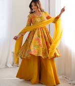 Yellow floral printed chanderi kurta palazzo set