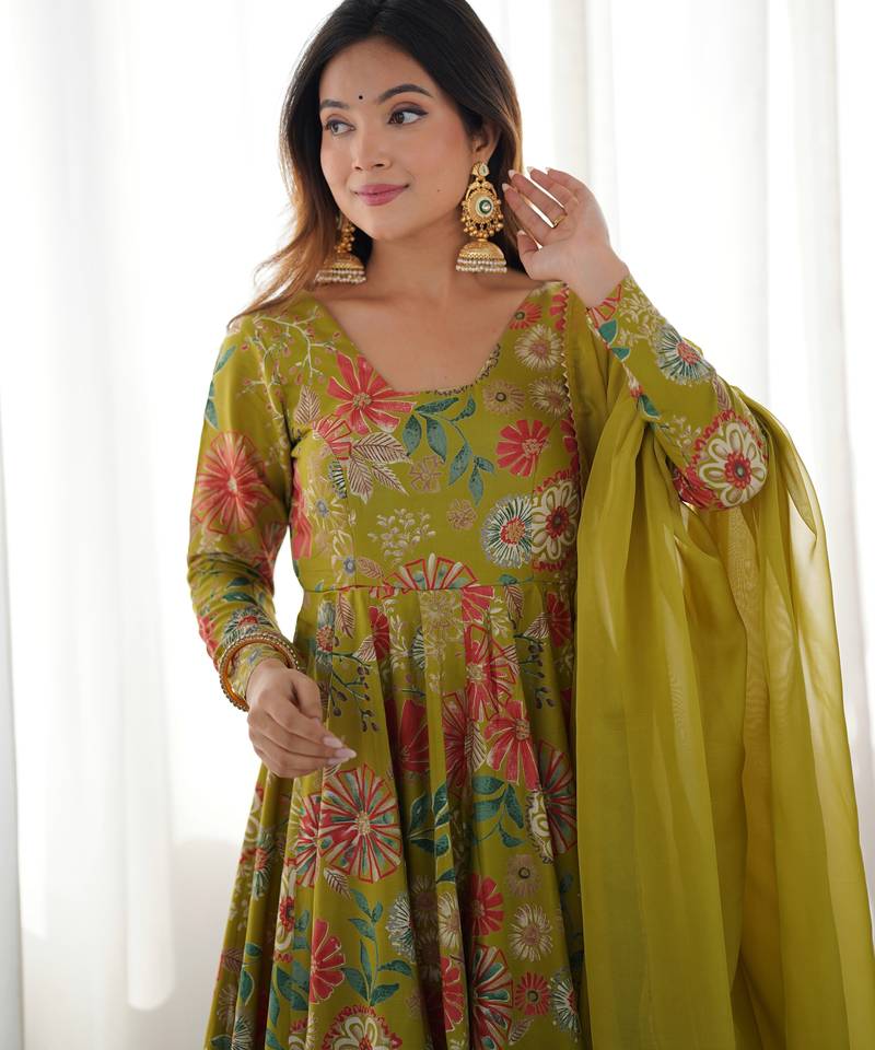 Green floral printed chanderi kurta palazzo set