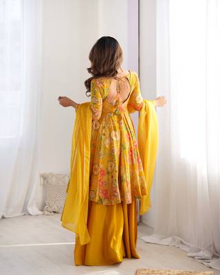 Yellow floral printed chanderi kurta palazzo set 2
