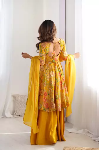 Yellow floral printed chanderi kurta palazzo set