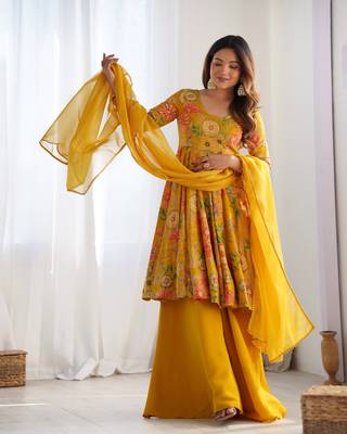 Yellow floral printed chanderi kurta palazzo set 3