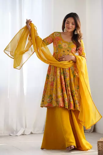 Yellow floral printed chanderi kurta palazzo set