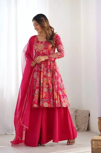 Rani pink floral printed chanderi kurta palazzo set