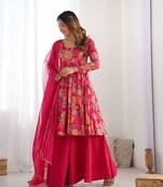 Rani pink floral printed chanderi kurta palazzo set