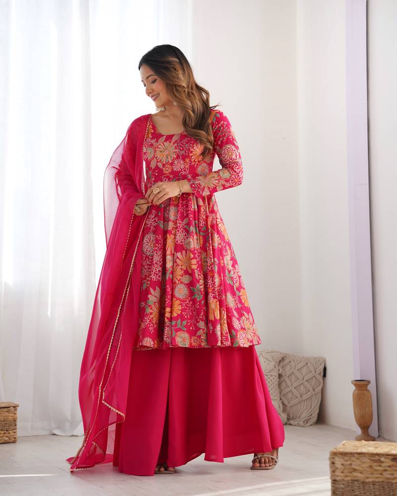 Rani pink floral printed chanderi kurta palazzo set