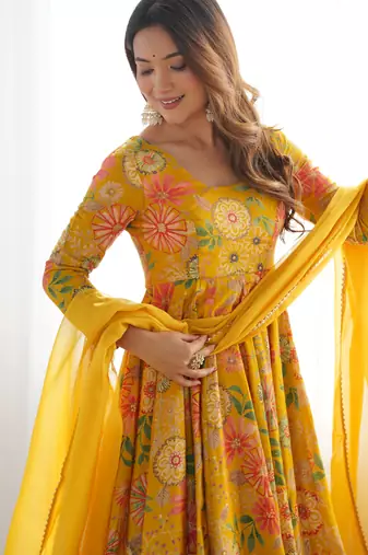 Yellow floral printed chanderi kurta palazzo set