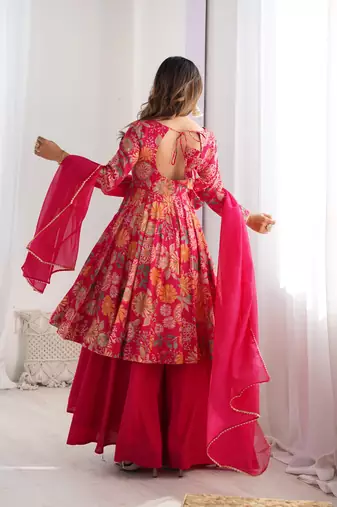 Rani pink floral printed chanderi kurta palazzo set