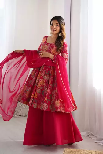 Rani pink floral printed chanderi kurta palazzo set