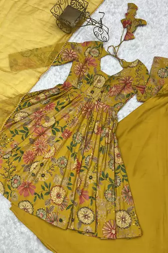 Yellow floral printed chanderi kurta palazzo set