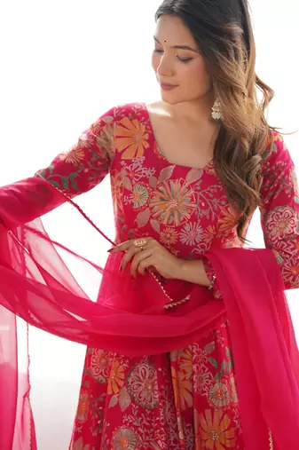 Rani pink floral printed chanderi kurta palazzo set