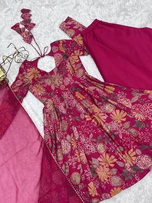Rani pink floral printed chanderi kurta palazzo set 5