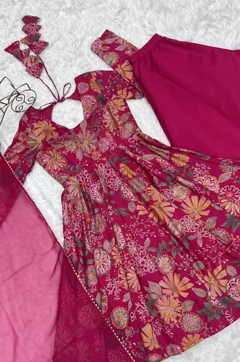 Rani pink floral printed chanderi kurta palazzo set
