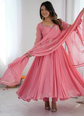 Pink sequins embroidery work georgette gown with pant & dupatta 1