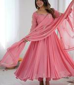Pink sequins embroidery work georgette gown with pant & dupatta