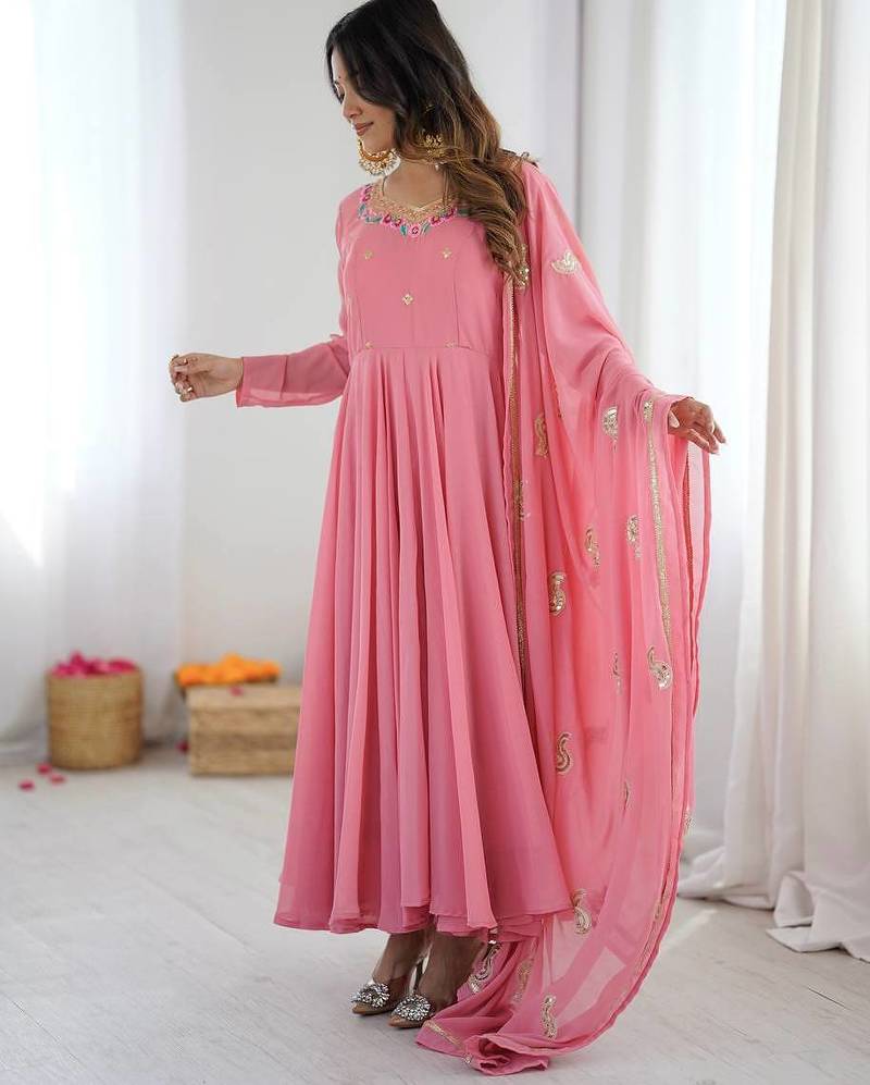 Pink sequins embroidery work georgette gown with pant & dupatta