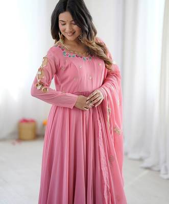 Pink sequins embroidery work georgette gown with pant & dupatta 4