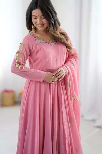 Pink sequins embroidery work georgette gown with pant & dupatta
