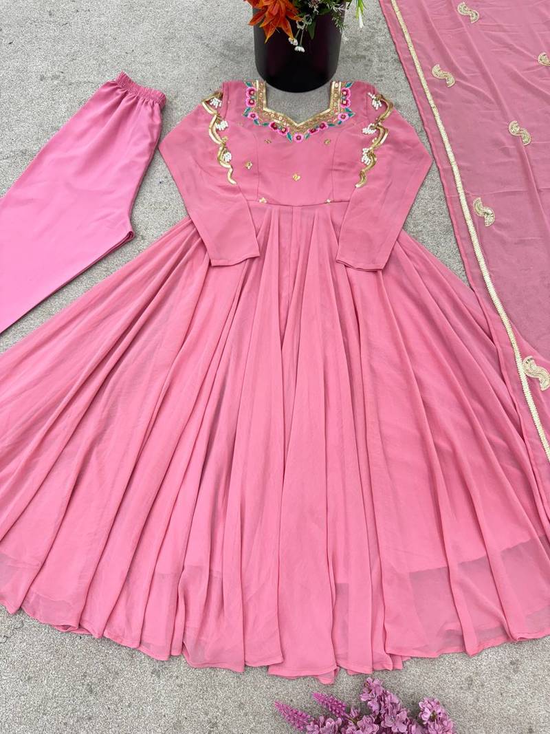 Pink sequins embroidery work georgette gown with pant & dupatta