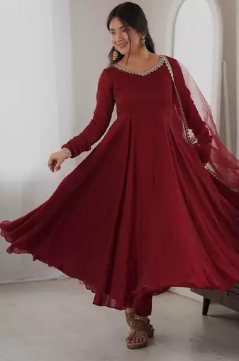 Maroon mirror work lace border crush silk anarkali set