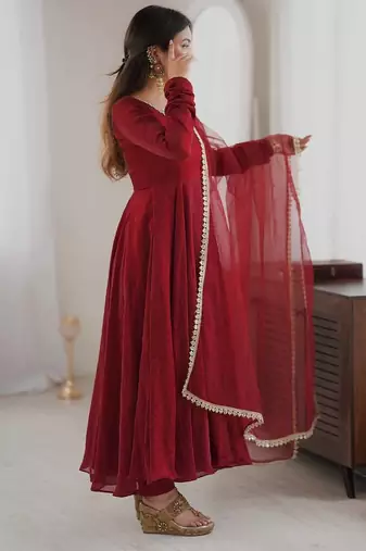 Maroon mirror work lace border crush silk anarkali set