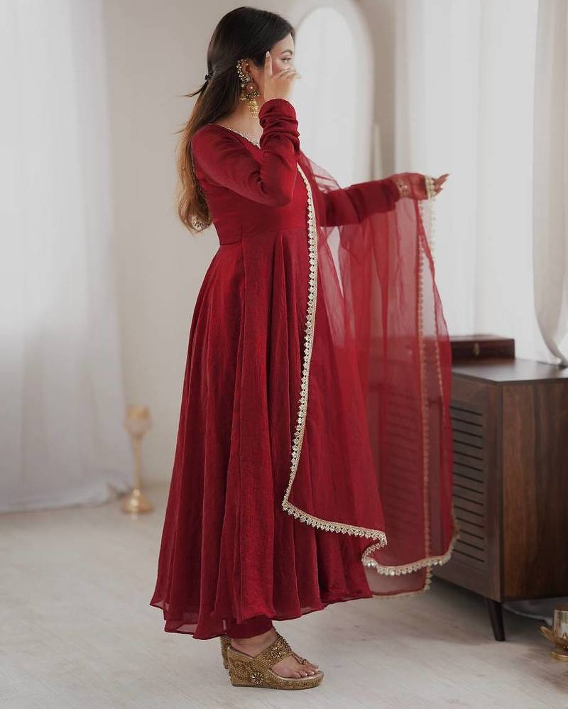 Maroon mirror work lace border crush silk anarkali set