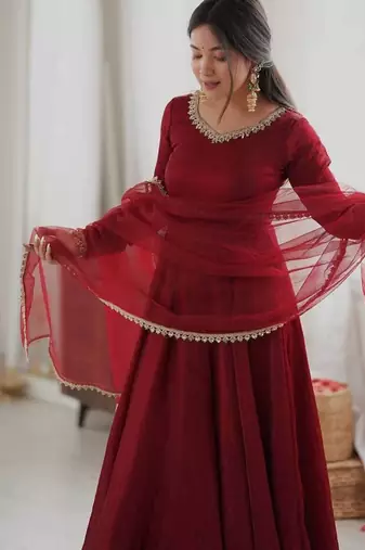 Maroon mirror work lace border crush silk anarkali set