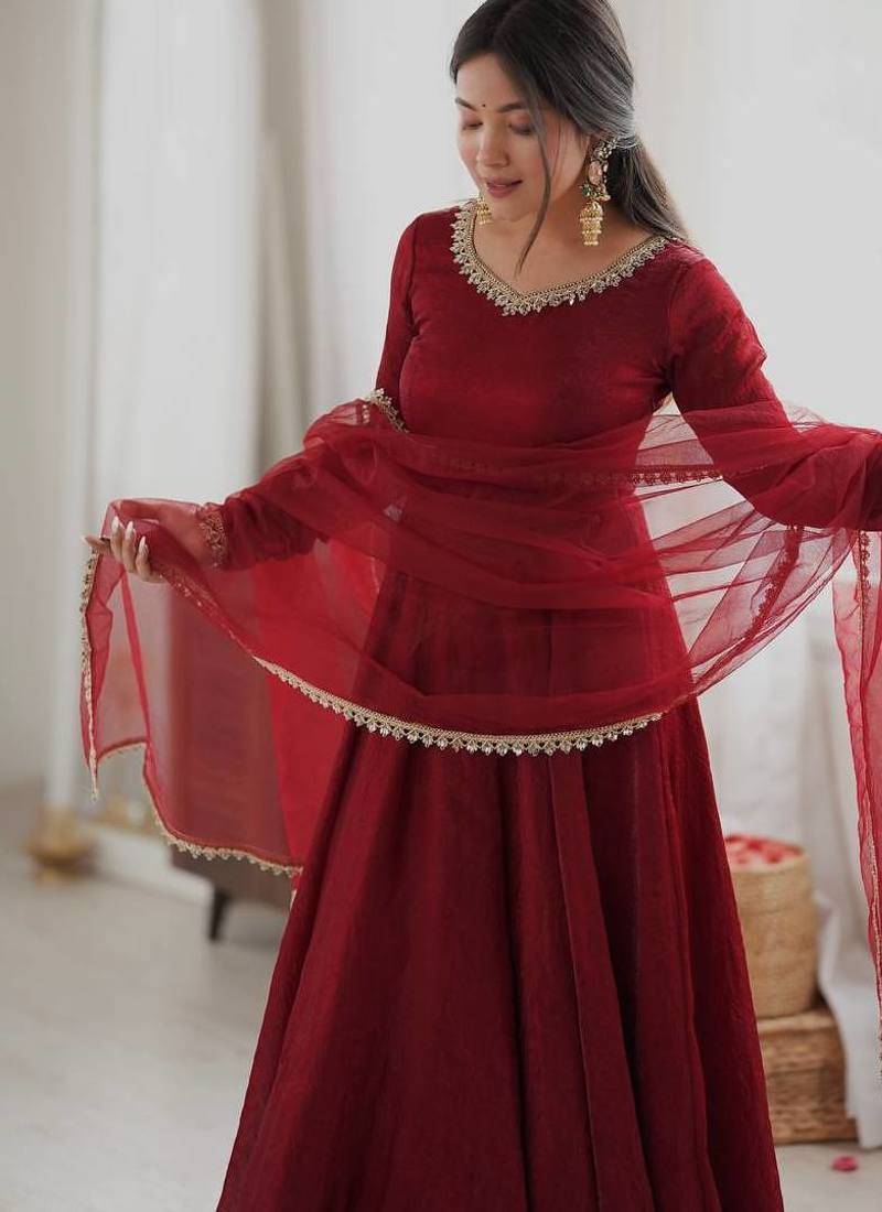 Maroon mirror work lace border crush silk anarkali set