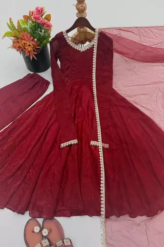 Maroon mirror work lace border crush silk anarkali set
