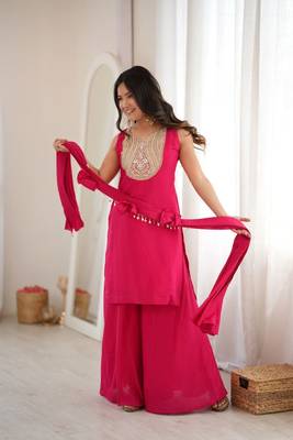 Hot pink mirror work roman silk kurta palazzo set 1