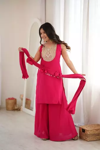 Hot pink mirror work roman silk kurta palazzo set